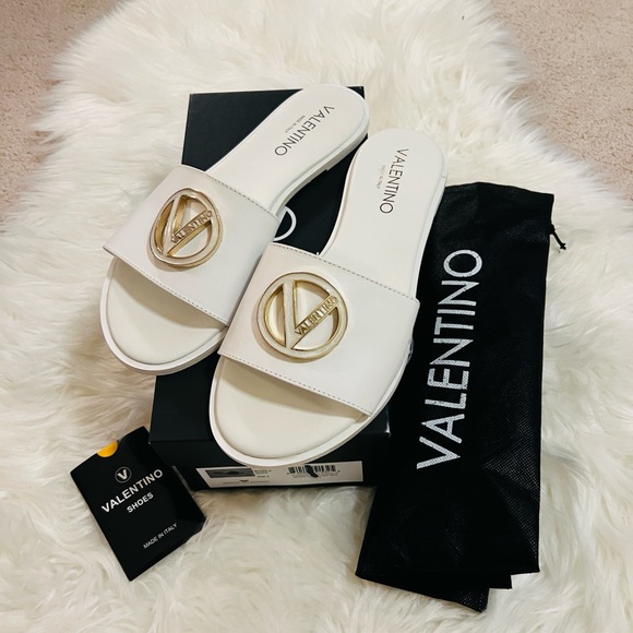 Valentino White Sandals with Gold Emblem - Picture 1 of 9